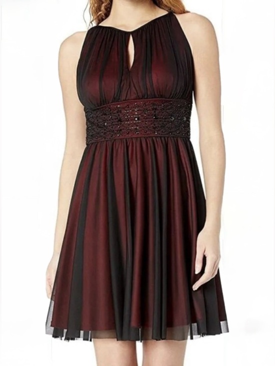 Jessica Howard Dresses & Skirts - Jessica Howard Red Black Sheer Layered Beaded Waist Cocktail Dress 10 Goth EUC